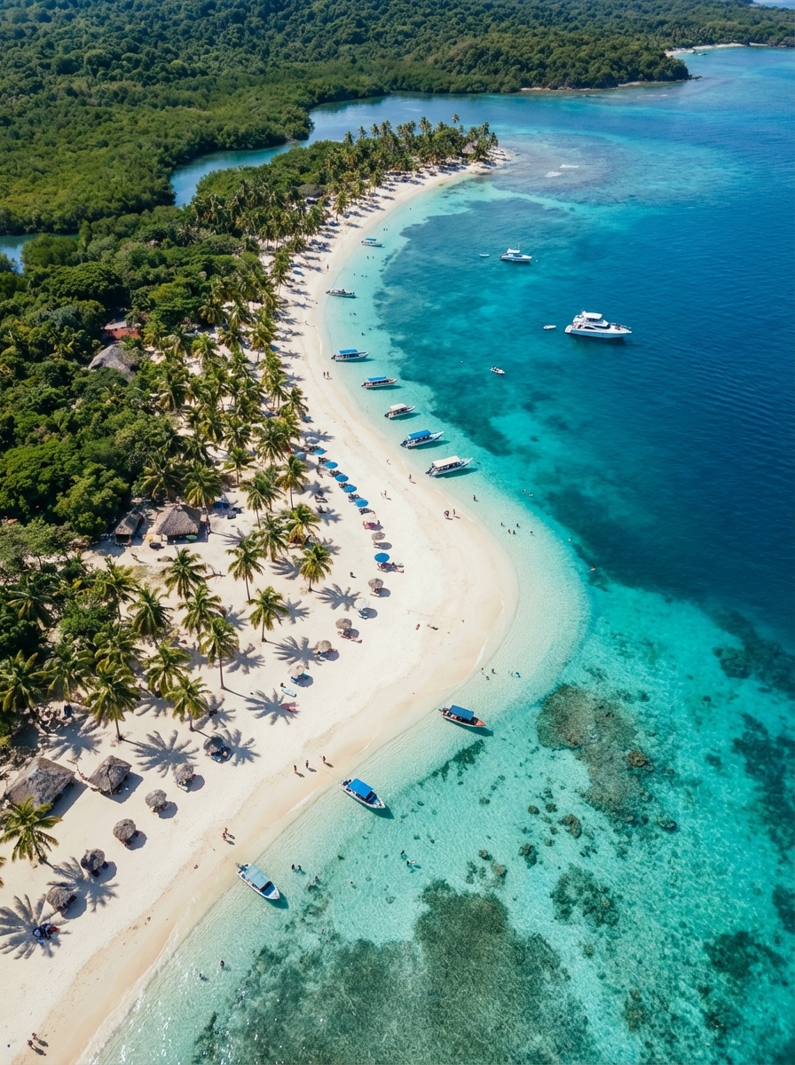 Venezuela's Caribbean coastline with turquoise waters and palm-lined beaches